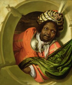 Portret van een Moor die een vlag vasthoudt bij een raam